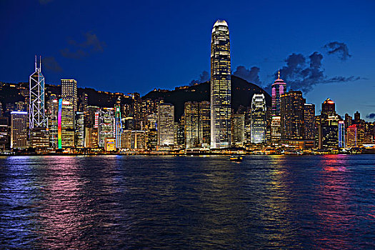 风景,蓝色,钟点,九龙,香港,天际线,河,中心,中国银行,远处,左边,国际金融中心,塔楼,右边,中国,亚洲