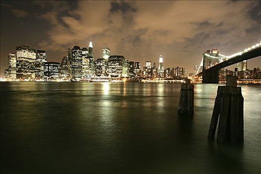 美国,纽约,天际线,南,曼哈顿,黄昏,布鲁克林,布鲁克林大桥,东河