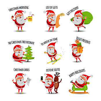 圣诞老人,收集,海报,圣诞节,早晨,清单,礼物,递送,圣诞树,装饰,到达,时间,喜庆,高兴,假日,矢量,日常,插画