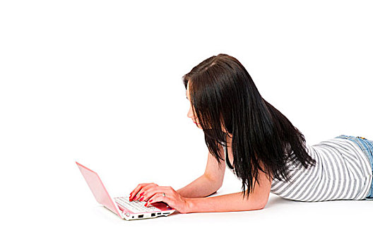 女孩,工作,笔记本电脑,隔绝,白色背景
