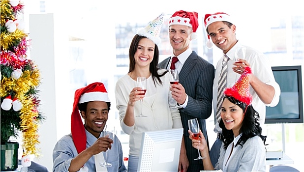 微笑,企业团队,喝,香槟,庆贺,圣诞节