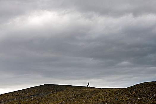 冰岛,人,走,荒芜,山顶