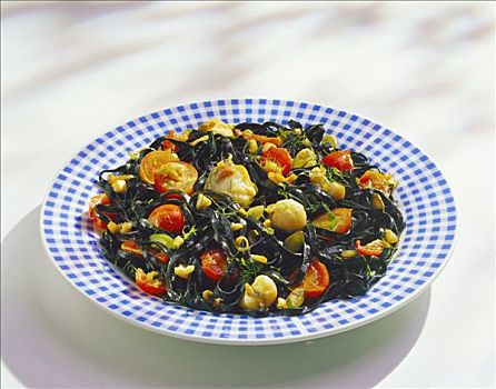 黑色,意大利面,蔬菜,海鲜,盘子