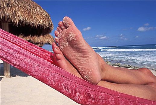 墨西哥,尤卡坦半岛,科祖梅尔,脚,吊床,美女,海滩