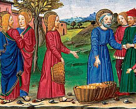 耶稣,五个,面包,两个,鱼,人,说话,吃,填加,微型,文艺复兴,15世纪,皇家,图书馆,都灵,意大利