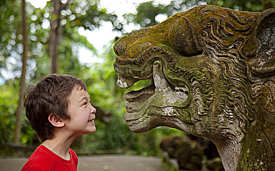 巴厘岛,年轻,游客,凶恶,石刻,神圣,猴子,树林