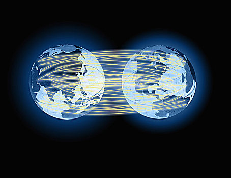 两个,球体,连接,线条,亮光,全球,沟通