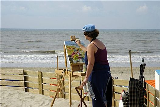 油漆工,画架,海滩,荷兰南部,荷兰