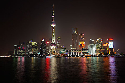 上海,天际线,夜晚,光亮,反射,水