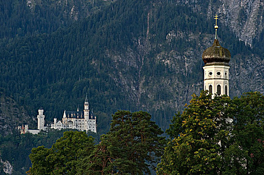 教堂,新天鹅堡,城堡,靠近,区域,巴伐利亚,德国,欧洲