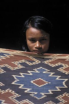 女孩,编织物,纺织品,乡村,苏拉威西岛,印度尼西亚