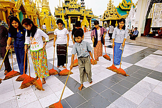 缅甸,仰光,成年,孩子,帮助,清洁,大金寺