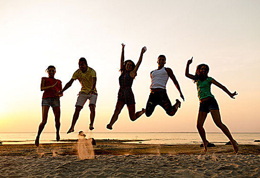 友谊,暑假,休假,聚会,人,概念,群体,微笑,朋友,跳舞,跳跃,海滩