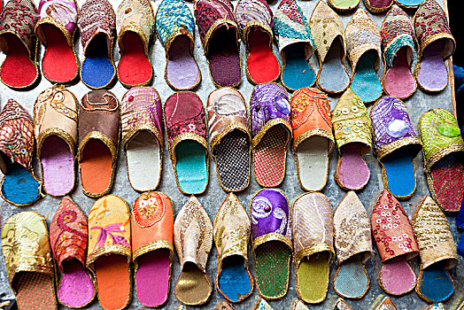 俯拍,特写,彩色,皮革,拖鞋,传统,北非,市场