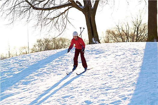 女孩,享受,越野滑雪,晴天