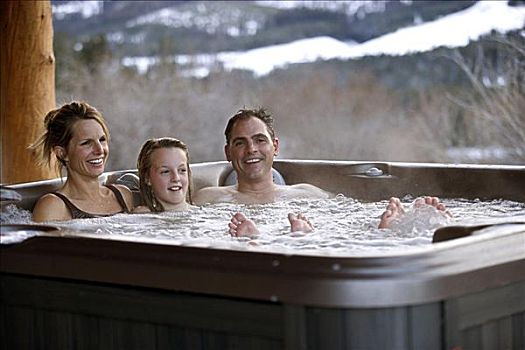 夫妻,女儿,放松,热浴盆
