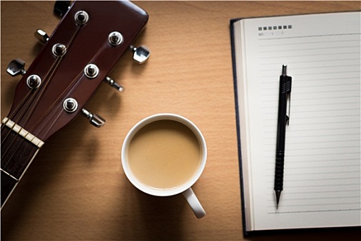 热,咖啡,吉他,便笺,桌上,休息时间,思考,概念