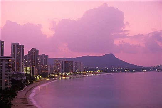 夏威夷,瓦胡岛,钻石海岬,怀基基海滩,日落,紫色,色调,天空