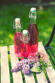 三个,瓶子,丁香,花,糖浆,花园