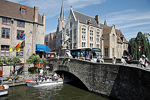 停泊,船,旅游,运河,历史,中心,布鲁日,佛兰德斯,比利时,欧洲