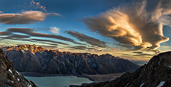 云,黄昏,上方,山谷,风景,顶峰,攀升,库克山国家公园,坎特伯雷,新西兰