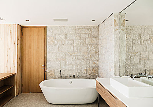 石墙,后面,湿透,浴缸,现代,卫生间
