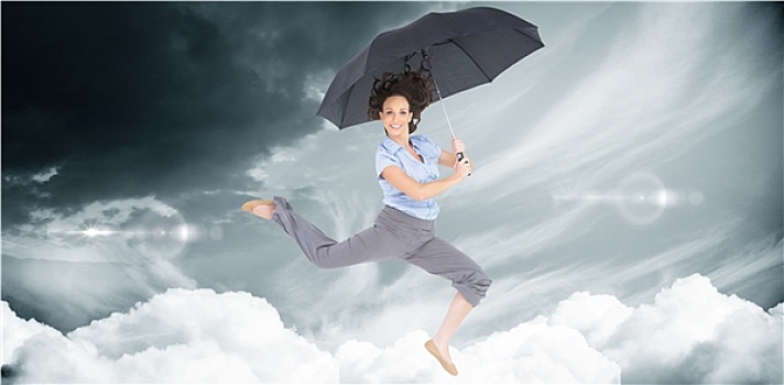 合成效果,图像,高兴,品位,职业女性,跳跃,拿着,伞