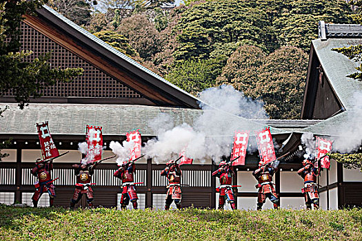 武士,表演,古老,城堡,滋贺,日本