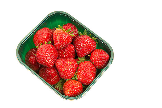 草莓,绿色,塑料盒,风景,俯视,隔绝,白色背景