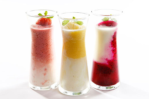 多汁,水果,玻璃杯,草莓,芒果,薄荷叶,白色背景,背景