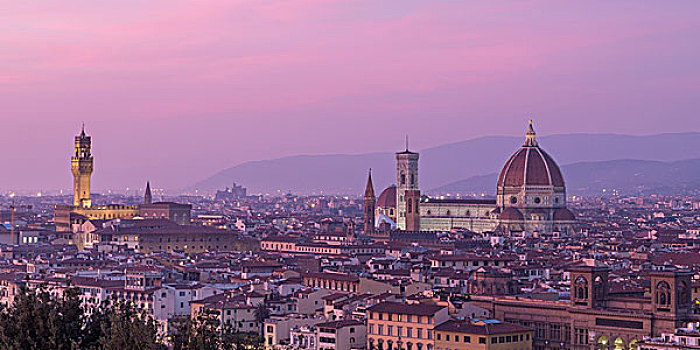 风景,上方,城市,日落,佛罗伦萨大教堂,韦奇奥宫,佛罗伦萨,托斯卡纳,意大利,欧洲