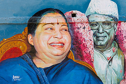 壁画,女演员,政治家,马杜赖,泰米尔纳德邦,印度,亚洲