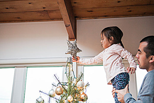 父亲,举起,幼儿,女孩,放,星,圣诞树