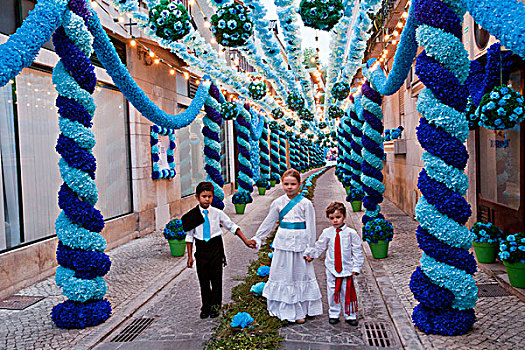 葡萄牙,托马尔,街道,装饰,纸,花,节日,托盘,一个,重要,庆贺,四个,岁月,六月
