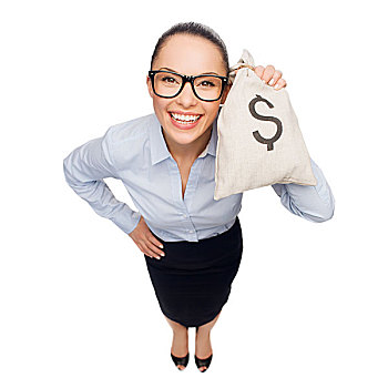 商务,钱,办公室,概念,微笑,职业女性,眼镜,拿着,钱袋,美元