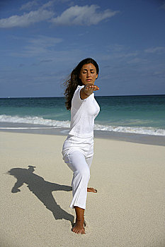 女人,实践,瑜珈,海滩,天堂岛,巴哈马