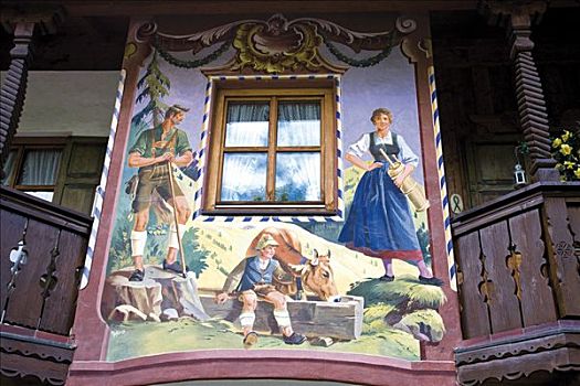 壁画,房子,绘画,陆地,上巴伐利亚,巴伐利亚,德国,欧洲