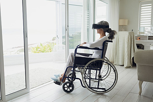 女人,轮椅,虚拟现实,耳机