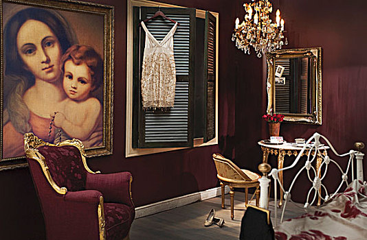 卧室,巴洛克,旧式家具,吊灯,大,圣母玛利亚,油画,深红,墙壁