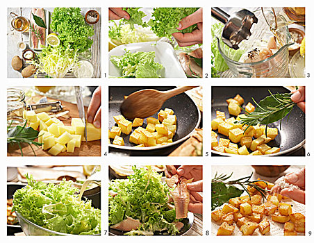 准备,蔬菜沙拉,熏制,鲑鱼,土豆,煎面包片,辣根沙司