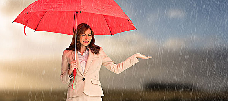 合成效果,图像,高兴,职业女性,拿着,伞,阴天
