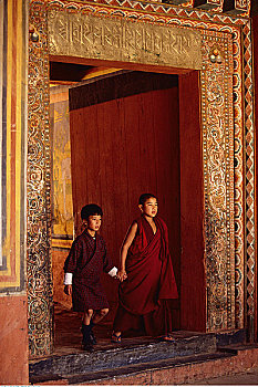 两个男孩,走,入口,普那卡,节日,不丹