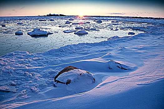 落日,浮冰,石头,河,文化遗产,住宿,海岸,哈得逊湾,北方,丘吉尔市,曼尼托巴,加拿大