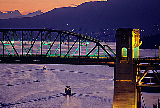 船,旅行,桥,夜晚,温哥华,不列颠哥伦比亚省,加拿大