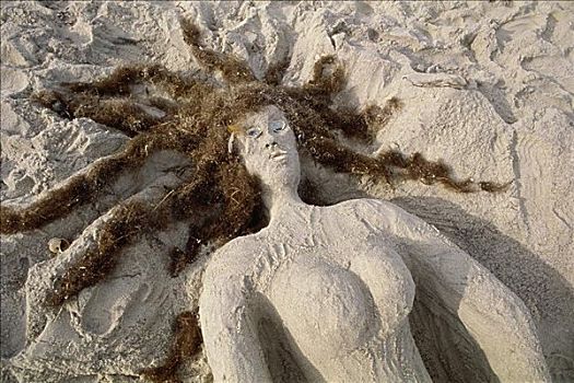 雕塑,女人,沙子,海草,毛发,海滩