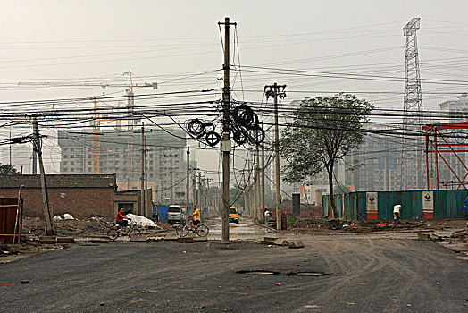 中国,北京,电,高压电塔,遮盖,线缆,老,胡同,地区,住宅区,建筑,30多岁,地面