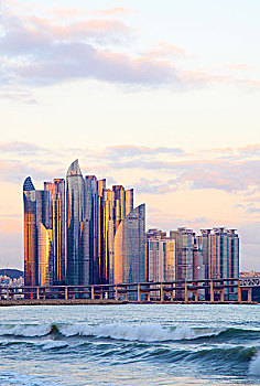 韩国,釜山,海滩,天际线,摩天大楼