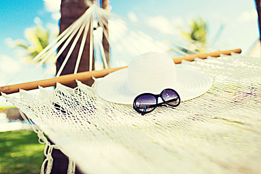 度假,假日,概念,吊床,白色,帽子,墨镜