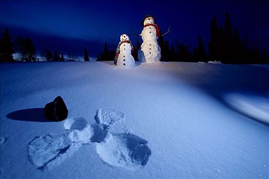 两个,雪人,雪,天使,阿拉斯加,冬天