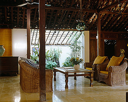藤条,椅子,木质,茶几,黄色,房间,木料,天花板
